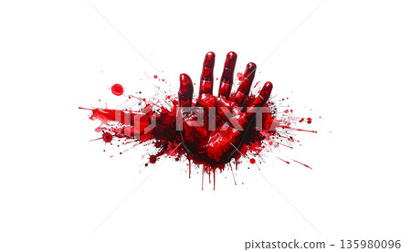 A smudged red handprint shows a palm print.A smudged red handprint shows a palm print. A smudged red handprint shows a palm print.A smudged red handprint shows a palm print. 135980096