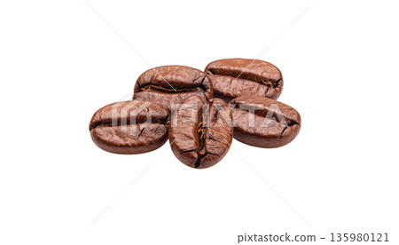 Dry-roasted espresso coffee beans and their fragrant caffeine powder are placed separately on a white background. Dry-roasted espresso coffee beans and their fragrant caffeine powder are placed separately on a white background. 135980121