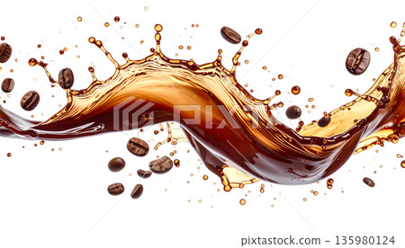 An abstract image of splashing liquids, coffee and milk, with ripples and droplets separated from a white background. An abstract image of splashing liquids, coffee and milk, with ripples and droplets separated from a white background. 135980124