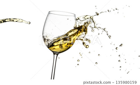 Red wine splashed into the glass placed on the white floor. 135980159