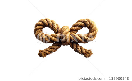 Gold bows and ribbons are tied in knots with brown jute twine, separated against a white background. Gold bows and ribbons are tied in knots with brown jute twine, separated against a white background. 135980348