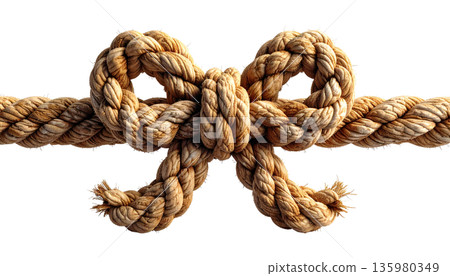 Gold bows and ribbons are tied in knots with brown jute twine, separated against a white background. Gold bows and ribbons are tied in knots with brown jute twine, separated against a white background. 135980349