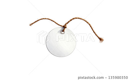 A blank price tag on a string against a white background. 135980350