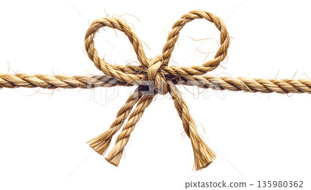 Gold bows and ribbons are tied in knots with brown jute twine, separated against a white background. Gold bows and ribbons are tied in knots with brown jute twine, separated against a white background. 135980362