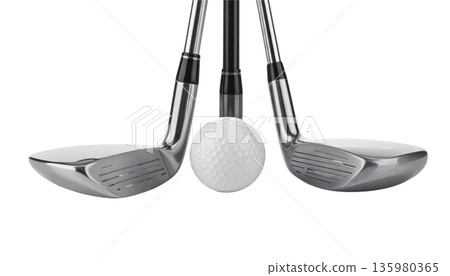 A set of golf clubs and balls, along with a driver and tee, placed on the green grass. A set of golf clubs and balls, along with a driver and tee, placed on the green grass. 135980365