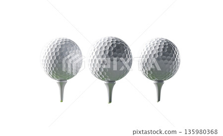 A close-up macro image of a round, white golf ball against a white background. 135980368