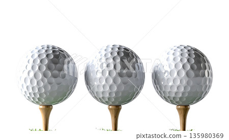 A close-up macro image of a round, white golf ball against a white background. A close-up macro image of a round, white golf ball against a white background. 135980369