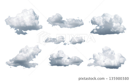 Fluffy white cumulus clouds against a white background. Fluffy white cumulus clouds against a white background. 135980380