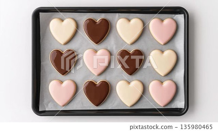 烤盤上擺放著一排心形糖霜餅乾 | 製作甜點的圖片 135980465