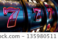 Lucky Seven Slot Machine Reel with BAR Symbols in Neon Casino Lights, Generative AI 135980511