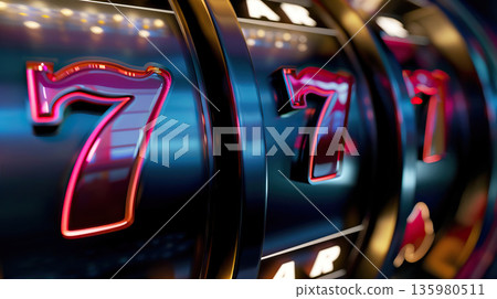 Lucky Seven Slot Machine Reel with BAR Symbols in Neon Casino Lights, Generative AI Lucky Seven Slot Machine Reel with BAR Symbols in Neon Casino Lights, Generative AI 135980511
