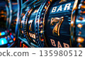Lucky Seven Slot Machine Reel with BAR Symbols in Neon Casino Lights, Generative AI 135980512