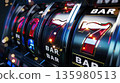 Lucky Seven Slot Machine Reel with BAR Symbols in Neon Casino Lights, Generative AI 135980513