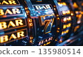 Lucky Seven Slot Machine Reel with BAR Symbols in Neon Casino Lights, Generative AI 135980514