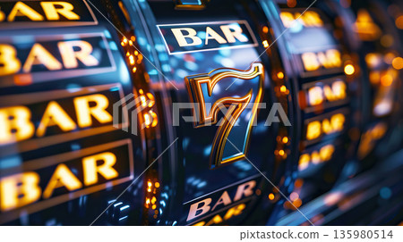 Lucky Seven Slot Machine Reel with BAR Symbols in Neon Casino Lights, Generative AI Lucky Seven Slot Machine Reel with BAR Symbols in Neon Casino Lights, Generative AI 135980514