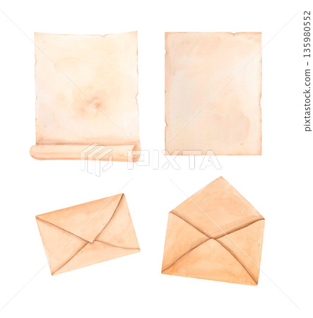 Watercolor vintage paper and envelopes clipart set in soft beige tones isolated on white. Ideal for invitations, romantic designs 135980552