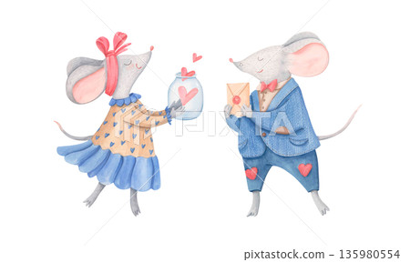 Cute romantic mouse couple with love letter and jar with hearts isolated on white. Valentine animal character watercolor clipart Cute romantic mouse couple with love letter and jar with hearts isolated on white. Valentine animal character watercolor clipart 135980554