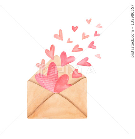 Watercolor love letter envelope with pink hearts isolated on white. Romantic valentine clipart in cute style for love designs. 135980557