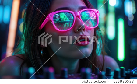 Stylish Female DJ with Neon Pink Glasses at Sound Mixer 135980558