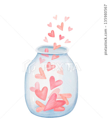 Watercolor jar filled with pink hearts isolated on white. Romantic valentine clipart in cute naive style for love designs, cards. 135980567