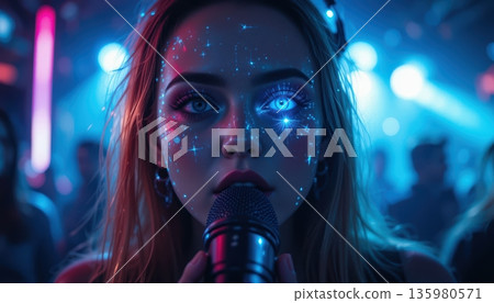 Ethereal Female Singer with Glowing Galaxy Face Paint at Night Concert 135980571