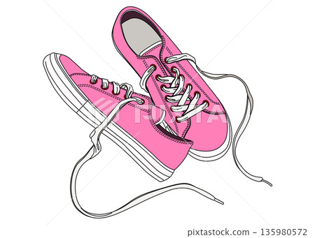 Illustration of pink sneakers viewed from directly above (upward and sideways) 135980572
