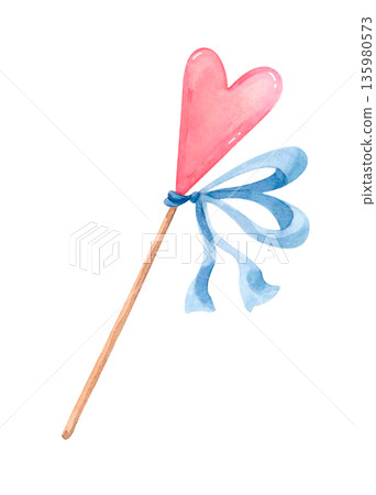 Watercolor heart shaped lollipop with blue bow isolated on white. Romantic valentine food clipart in cute style for love designs 135980573