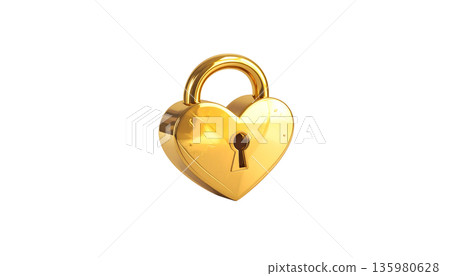 A three-dimensional, gold heart-shaped lock with a metal key is placed on a white background. A three-dimensional, gold heart-shaped lock with a metal key is placed on a white background. 135980628