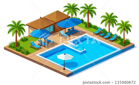 A luxurious swimming pool in a tropical beach resort, surrounded by palm trees and turquoise waters under a summer sky against a white background. 135980672