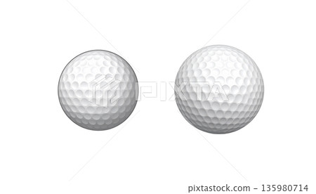 A round golf ball is placed on a white background. A round golf ball is placed on a white background. 135980714
