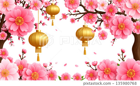 Pink cherry blossom branches in full bloom create a beautiful natural spring landscape, adorned with cherry blossom patterns against a white background. Pink cherry blossom branches in full bloom create a beautiful natural spring landscape, adorned with cherry blossom patterns against a white background. 135980768