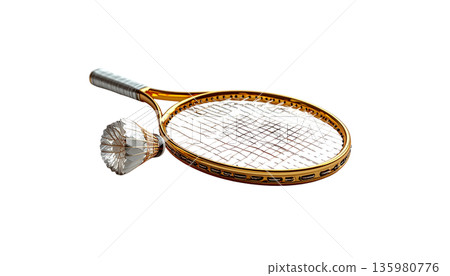 Badminton rackets and shuttlecocks, sports equipment on a white background. Badminton rackets and shuttlecocks, sports equipment on a white background. 135980776