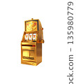 A slot machine with three spinning reels and the number seven, separated on a white background. 135980779