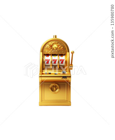 A slot machine with three spinning reels and the number seven, separated on a white background. 135980780