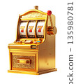 A slot machine with three spinning reels and the number seven, separated on a white background. 135980781