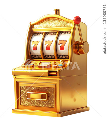 A slot machine with three spinning reels and the number seven, separated on a white background. 135980781