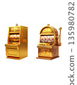 A slot machine with three spinning reels and the number seven, separated on a white background. 135980782