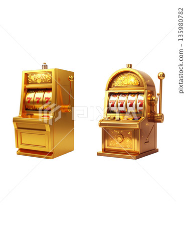 A slot machine with three spinning reels and the number seven, separated on a white background. 135980782