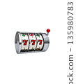 A slot machine with three spinning reels and the number seven, separated on a white background. 135980783