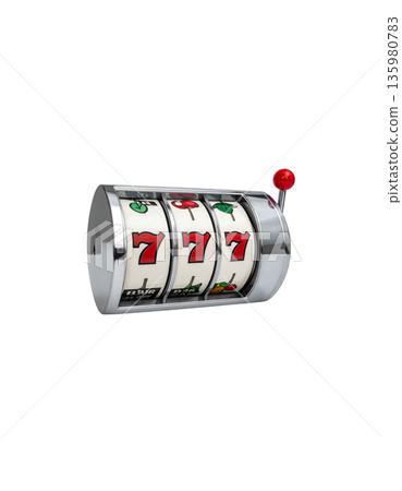 A slot machine with three spinning reels and the number seven, separated on a white background. 135980783