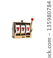 A slot machine with three spinning reels and the number seven, separated on a white background. 135980784