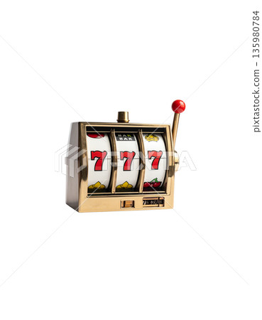 A slot machine with three spinning reels and the number seven, separated on a white background. A slot machine with three spinning reels and the number seven, separated on a white background. 135980784
