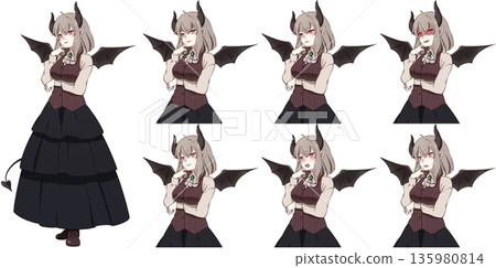 惡魔翅膀、尾巴和帶角女孩臉部表情套裝 135980814