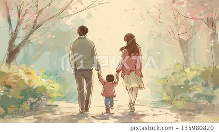 一家人在櫻花下散步 135980820