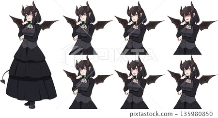 Devil wings, tail and horned girl facial expression set 135980850