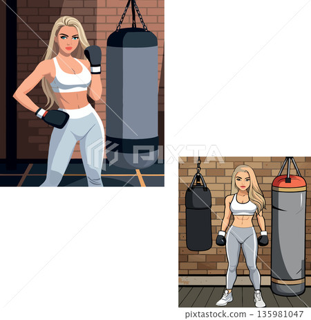 Vsai athletic woman boxing training with punching bag in gym Vsai athletic woman boxing training with punching bag in gym 135981047