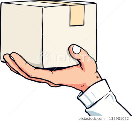 Courier hand holding cardboard box delivering package 135981052