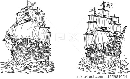Vsai two sailing pirate ships with jolly roger flags navigating ocean waves Vsai two sailing pirate ships with jolly roger flags navigating ocean waves 135981054