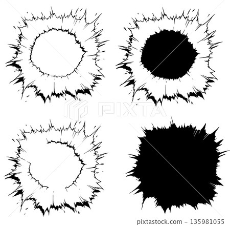 Set of four black and white exploding circular shapes 135981055