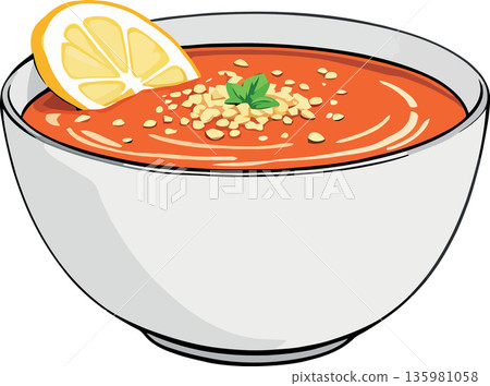 Tomato soup with lemon, basil and croutons in a white bowl Tomato soup with lemon, basil and croutons in a white bowl 135981058